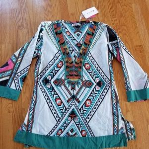 Tribal Print Beaded Swim Coverup Tunic